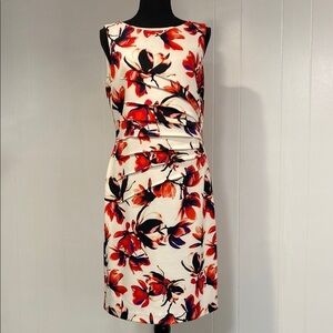Ivanka Trump Dress Midi Sleeveless Ruched Gold Zipper Floral Red Black Size 12